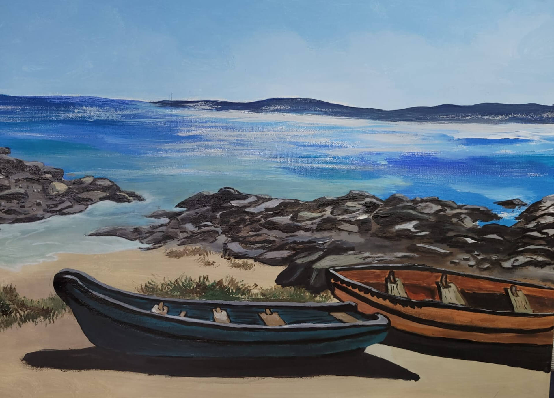 fishing boats on the beach neilobiart original painting v1 1